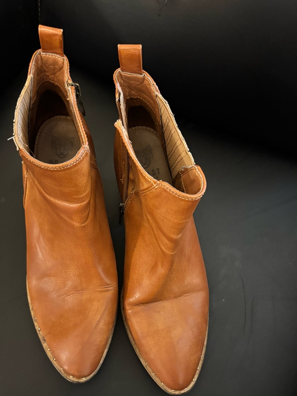 Women's Cognac Leather Pointed Ankle Booties with Side Zip